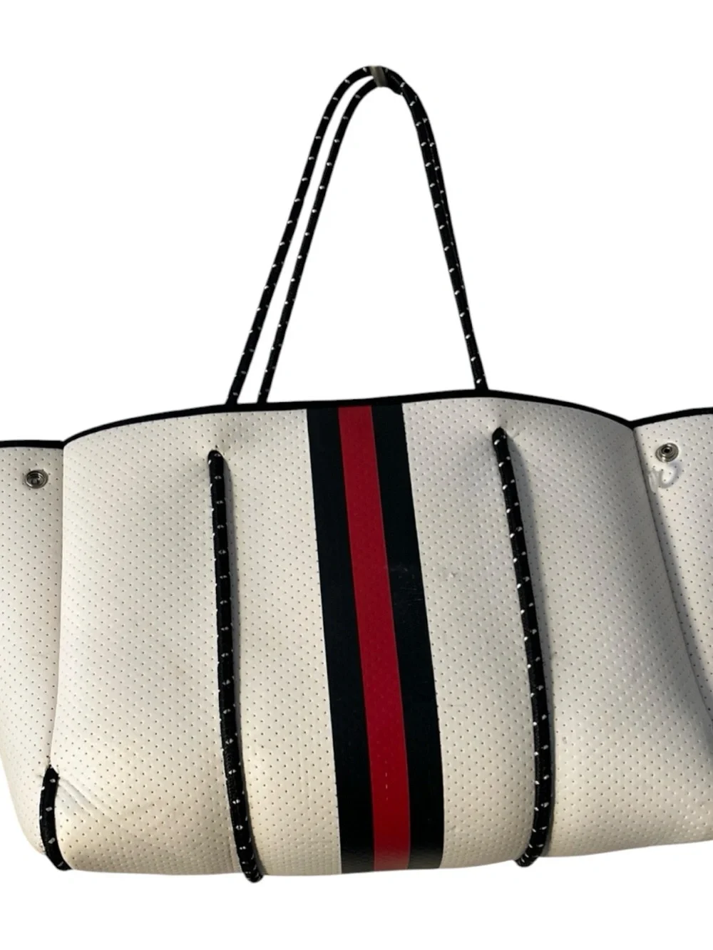 HAUTE SHORE White Neoprene Tote with Red & Black Center Stripes Sz L